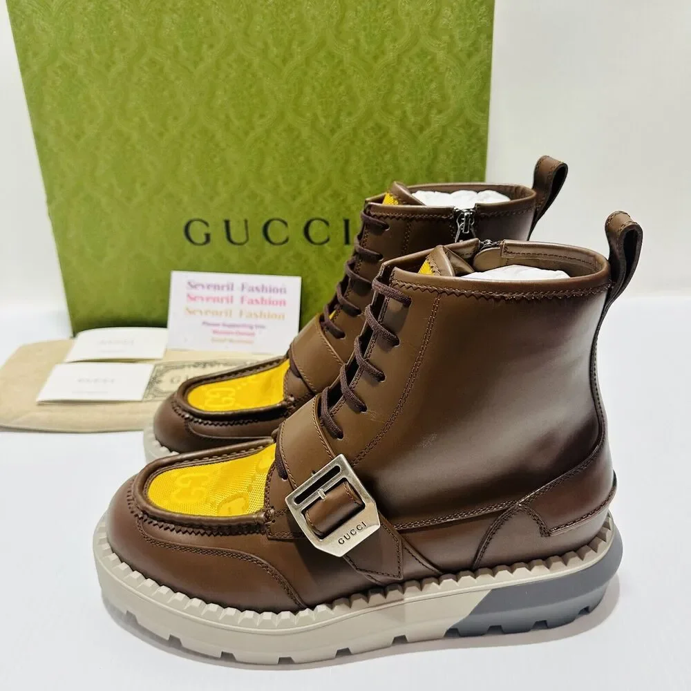NIB Gucci GG Lace-Up Boots 9 US 9.5 Brown Leather Yellow Insert Side Zip $1600 - Picture 5 of 16